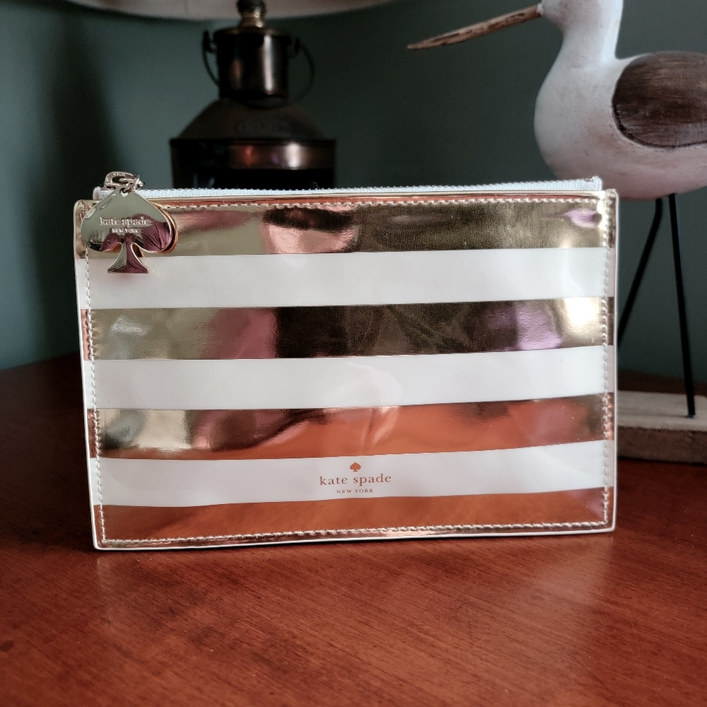 Kate Spade Gold Metallic Stripe PVC Cosmetic Pouch Makeup Bag